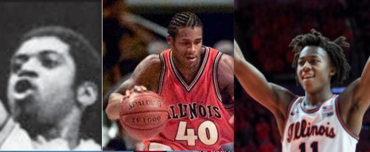 The three players in Illinois basketball history to record a triple-double are Mark Smith (left) in 1979, Sergio McClain (middle) in 2001 and Ayo Dosunmu (right) in 2021. 